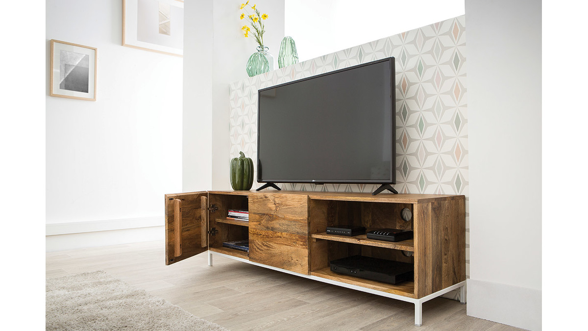 Design-TV-Möbel Mangoholz und Metall Weiß 145 cm BOHO
